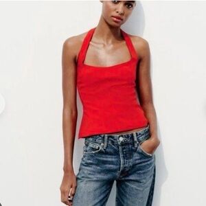 ZARA FITTED HALTER TOP - Red